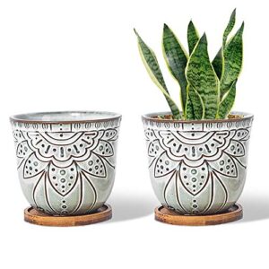 G EPGardening 6 Inch Ceramic Succulent Planter Pot with Drainage Hole and Saucer for Plants Indoor Round Orchid Flower Plant Pot Set of 2 Off White