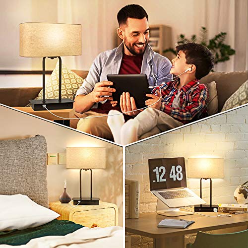 3-Way Dimmable Touch Control Table Lamp with 2 USB Ports and AC Power Outlet Modern Bedside Nightstand Lamp with Fabric Shade and Metal Base for Guestroom Bedroom Living Room & Hotel LED Bulb Included