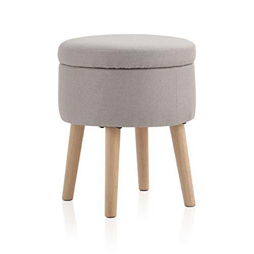 ALPHA HOME Round Storage Ottoman with Removable Lid Tufted Vanity Dressing Chair Line Fabric Shoe Change Footrest Stool Side Table Seat Tray Top Coffee Table with Solid Wooden Legs,Beige