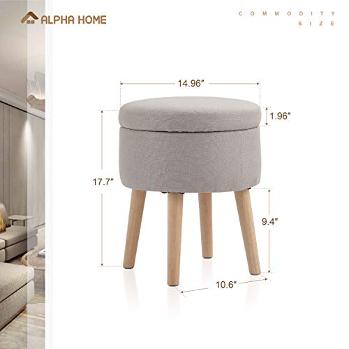 ALPHA HOME Round Storage Ottoman with Removable Lid Tufted Vanity Dressing Chair Line Fabric Shoe Change Footrest Stool Side Table Seat Tray Top Coffee Table with Solid Wooden Legs,Beige