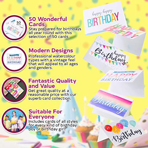 Spark Ink Happy Birthday Cards Assortment with Envelopes, 50pcs Large Mixed Greeting Happy Birthday Card Set for Kids & Adults, Blank Inside, 4x6in Unique Bday Cards in Bulk, Assorted Variety Box Pack