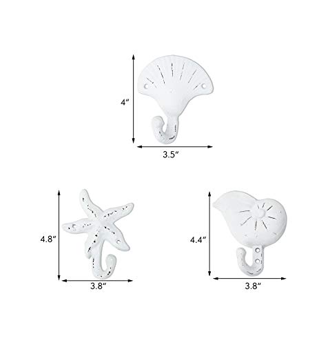 Sea Snail Starfish Shell Shape Cast Iron Nautical Wall Hooks Set, 3-Pack Assorted Rustic White Seaside-Themed Wall Mount Coat Hooks, Beach Coastal Wall Decor