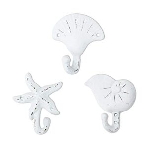 Sea Snail Starfish Shell Shape Cast Iron Nautical Wall Hooks Set, 3-Pack Assorted Rustic White Seaside-Themed Wall Mount Coat Hooks, Beach Coastal Wall Decor