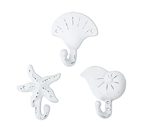 Sea Snail Starfish Shell Shape Cast Iron Nautical Wall Hooks Set, 3-Pack Assorted Rustic White Seaside-Themed Wall Mount Coat Hooks, Beach Coastal Wall Decor