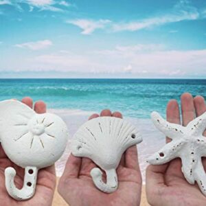 Sea Snail Starfish Shell Shape Cast Iron Nautical Wall Hooks Set, 3-Pack Assorted Rustic White Seaside-Themed Wall Mount Coat Hooks, Beach Coastal Wall Decor