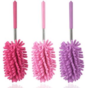 timivo microfiber duster for cleaning, dusters with telescoping extension pole, extendable washable mini dusters for cleaning car, window, furniture, office (pink purple rose red)
