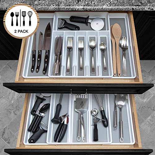 ELTOW Expandable Silverware Drawer Organizer & Utensil Tray Set, Non-Slip Kitchen Drawer Organizers and Storage, Kitchen Organization for Utensils, Cutlery, Office Supplies, Flatware Storage - White