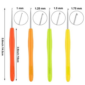 4 Pieces Hair Needles Crochet Hooks Precision Metal Needles Crochet Knitting Needles with Soft Handles, 1 mm, 1.25 mm, 1.5 mm, 1.75 mm, 4 Colors