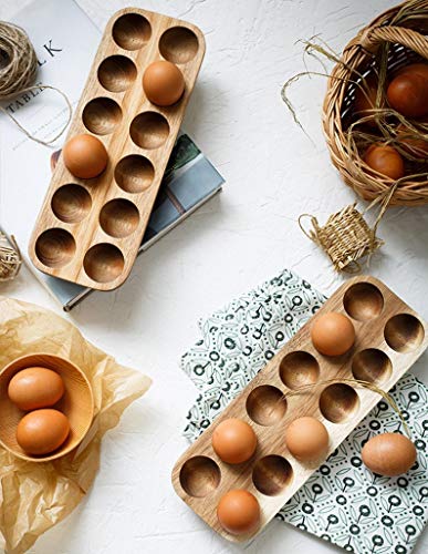 Wooden Egg Holder by ILLATO, Premium Acacia Wood Egg Tray, 12 Holes Egg Plate, Countertop Egg Tray, Tabletop Display or Refrigerator Storage, Deviled Egg Holder, Wooden Egg Skelter, Egg Tray