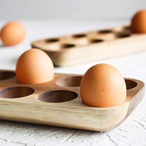 Wooden Egg Holder by ILLATO, Premium Acacia Wood Egg Tray, 12 Holes Egg Plate, Countertop Egg Tray, Tabletop Display or Refrigerator Storage, Deviled Egg Holder, Wooden Egg Skelter, Egg Tray