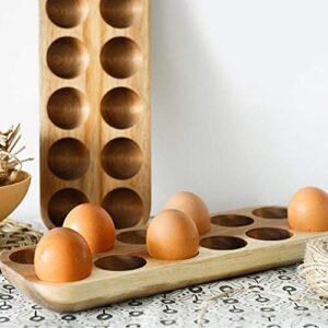 Wooden Egg Holder by ILLATO, Premium Acacia Wood Egg Tray, 12 Holes Egg Plate, Countertop Egg Tray, Tabletop Display or Refrigerator Storage, Deviled Egg Holder, Wooden Egg Skelter, Egg Tray