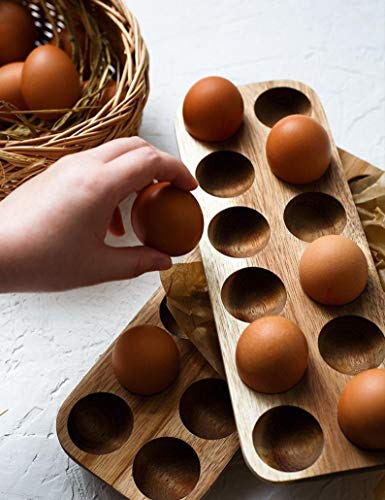 Wooden Egg Holder by ILLATO, Premium Acacia Wood Egg Tray, 12 Holes Egg Plate, Countertop Egg Tray, Tabletop Display or Refrigerator Storage, Deviled Egg Holder, Wooden Egg Skelter, Egg Tray