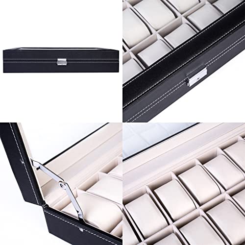Watch Box 24 Slot Elegant Portable Black Watch Collection Box Case Organizer for Storage Display Holds Watches Jewelry for Men & Women