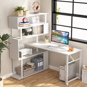 Tribesigns Rotating Computer Desk with 5 Shelves Bookshelf, Modern L-Shaped Corner Desk with Storage, Reversible Office Desk Study Table Writing Desk on Wheels for Home Office (White)