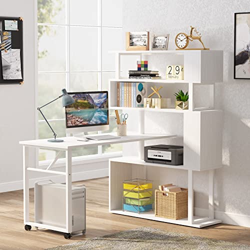 Tribesigns Rotating Computer Desk with 5 Shelves Bookshelf, Modern L-Shaped Corner Desk with Storage, Reversible Office Desk Study Table Writing Desk on Wheels for Home Office (White)