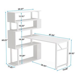 Tribesigns Rotating Computer Desk with 5 Shelves Bookshelf, Modern L-Shaped Corner Desk with Storage, Reversible Office Desk Study Table Writing Desk on Wheels for Home Office (White)