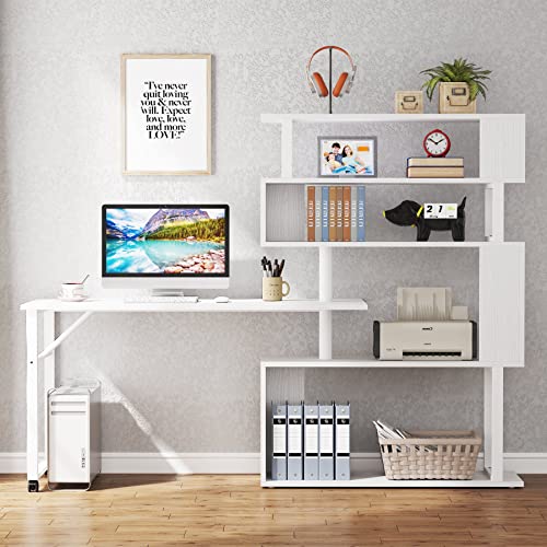 Tribesigns Rotating Computer Desk with 5 Shelves Bookshelf, Modern L-Shaped Corner Desk with Storage, Reversible Office Desk Study Table Writing Desk on Wheels for Home Office (White)