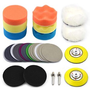 poliwell 3 inch car polishing sanding discs & buffing sponge pads kit with 1/4 inch shank backing pad + soft interface pad + woolen buffer pads for sanding polishing waxing, total 34pcs