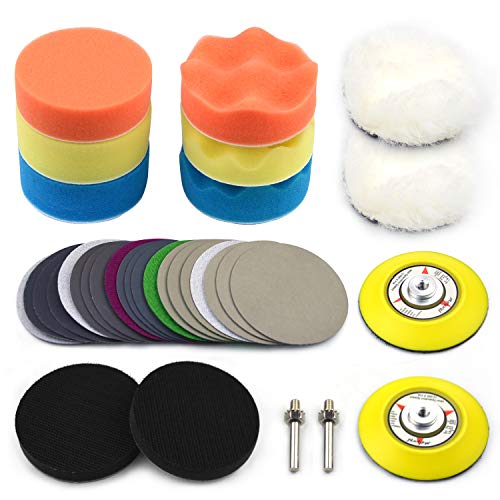 POLIWELL 3 Inch Car polishing Sanding Discs & Buffing Sponge Pads Kit with 1/4 inch Shank Backing Pad + Soft Interface Pad + Woolen Buffer Pads for Sanding Polishing Waxing, Total 34PCS