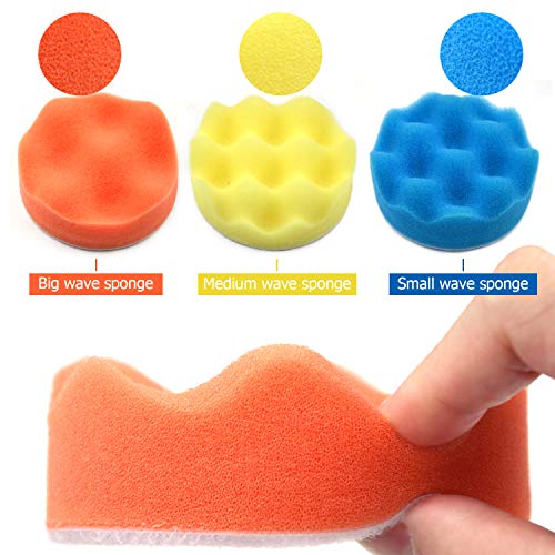 POLIWELL 3 Inch Car polishing Sanding Discs & Buffing Sponge Pads Kit with 1/4 inch Shank Backing Pad + Soft Interface Pad + Woolen Buffer Pads for Sanding Polishing Waxing, Total 34PCS