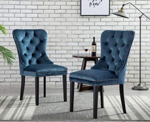 zhenghao dining chairs set of 2, velvet upholstered armless dining room chairs with wooden legs, modern nailhead trim wingback accent chair with ring pull for kitchen bedroom restaurant, navy blue