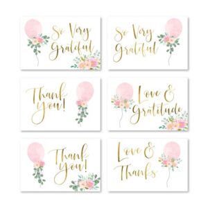 24 pink balloon baby shower thank you cards with envelopes, kids thank-you note, 4x6 gratitude card gift for guest pack for party, birthday, for girl children, cute watercolor blush event stationery