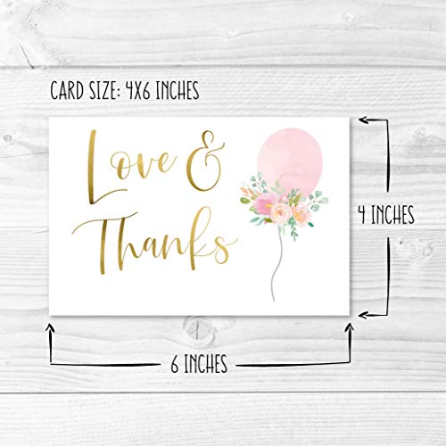 24 Pink Balloon Baby Shower Thank You Cards With Envelopes, Kids Thank-You Note, 4x6 Gratitude Card Gift For Guest Pack For Party, Birthday, For Girl Children, Cute Watercolor Blush Event Stationery