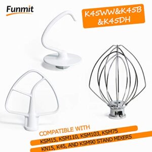 Funmit Mixers Accessories K45WW Wire Whip K45DH Dough Hook K45B Coated Flat Blade Paddle with Scraper Replacement for Kitchen Tilt-Head Stand Mixer Attachments- Stainless Steel