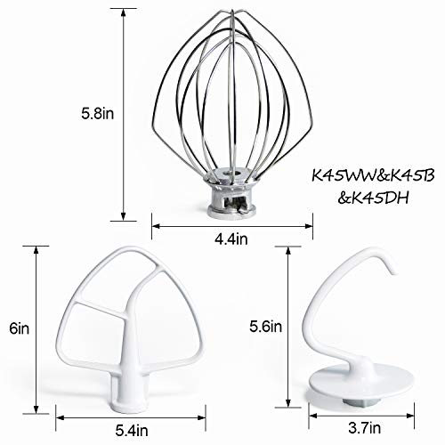 Funmit Mixers Accessories K45WW Wire Whip K45DH Dough Hook K45B Coated Flat Blade Paddle with Scraper Replacement for Kitchen Tilt-Head Stand Mixer Attachments- Stainless Steel
