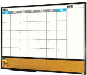 xboard dry erase calendar whiteboard 36 x 24 - combo white board calendar monthly, magnetic white board + corkboard with black aluminum frame, 10 colorful push pins & marker tray included