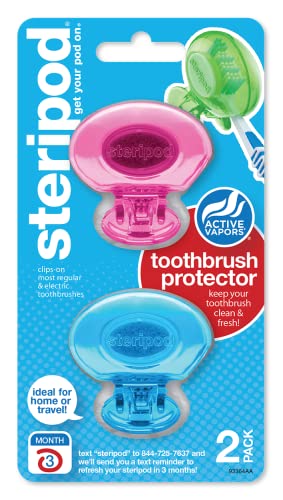 Steripod Clip-On Toothbrush Protector, Keeps Toothbrush Fresh and Clean, Fits Most Manual and Electric Toothbrushes, Pink and Blue, 2 Count (Pack of 1)