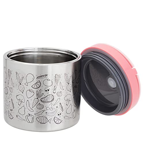 Juvale Insulated Food Container with Pink Handles and Cute Black Script Food Designs, Perfect for Hot and Cold Food, Soups, Stew, Fruit, Nuts, Leftovers, Lunch, Travel (22oz)