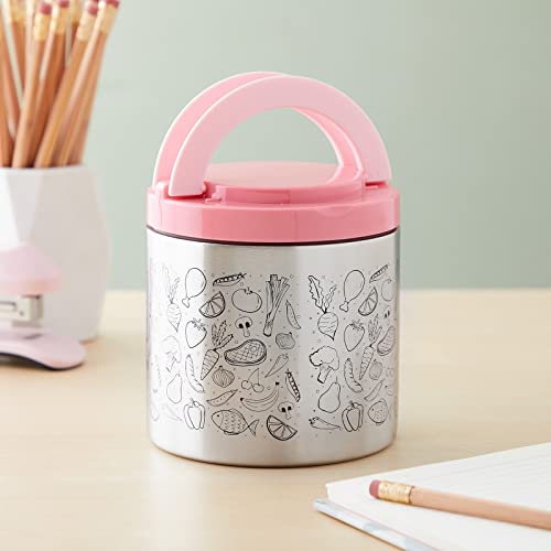 Juvale Insulated Food Container with Pink Handles and Cute Black Script Food Designs, Perfect for Hot and Cold Food, Soups, Stew, Fruit, Nuts, Leftovers, Lunch, Travel (22oz)