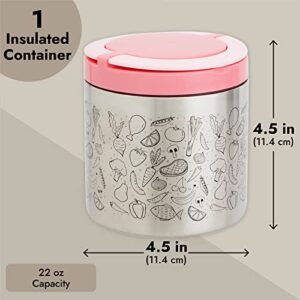 Juvale Insulated Food Container with Pink Handles and Cute Black Script Food Designs, Perfect for Hot and Cold Food, Soups, Stew, Fruit, Nuts, Leftovers, Lunch, Travel (22oz)