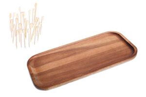 dstuff wood serving platter tray plate, bathroom vanity tray, wooden steak plates, set of 1 small wood tray + 30 paddle picks, solid natural rectangular acacia board for food party cheese appetizer,