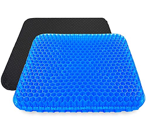 Gel Seat Cushion, Double Thick Big Gel Seat Cushion, Honeycomb Design Gel Seat Cushion for Pressure Relief Back Pain, Gel Cushion for Home Office Chair Cars Wheelchair(with Non-slip Seat Cover)