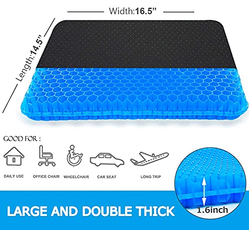 Gel Seat Cushion, Double Thick Big Gel Seat Cushion, Honeycomb Design Gel Seat Cushion for Pressure Relief Back Pain, Gel Cushion for Home Office Chair Cars Wheelchair(with Non-slip Seat Cover)