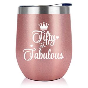 50th birthday gifts for women - 1973 50th birthday decorations for women - gifts for women turning 50 - 50 year old gifts for women, mom, wife, friends - 12 oz wine tumbler (fifty and fabulous)