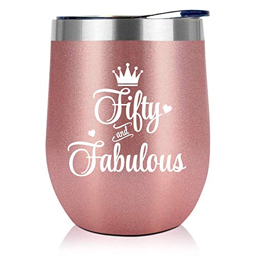 50th Birthday Gifts For Women - 1973 50th Birthday Decorations For Women - Gifts For Women Turning 50 - 50 Year Old Gifts For Women, Mom, Wife, Friends - 12 Oz Wine Tumbler (Fifty And Fabulous)