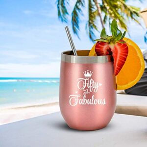 50th Birthday Gifts For Women - 1973 50th Birthday Decorations For Women - Gifts For Women Turning 50 - 50 Year Old Gifts For Women, Mom, Wife, Friends - 12 Oz Wine Tumbler (Fifty And Fabulous)