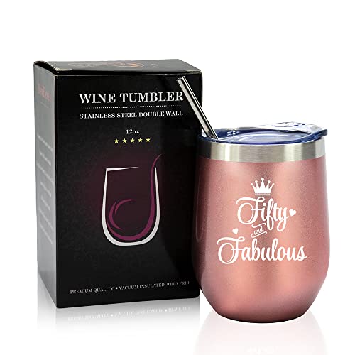 50th Birthday Gifts For Women - 1973 50th Birthday Decorations For Women - Gifts For Women Turning 50 - 50 Year Old Gifts For Women, Mom, Wife, Friends - 12 Oz Wine Tumbler (Fifty And Fabulous)