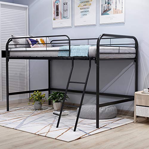 JURMERRY Metal Loft Twin Bed with Sturdy Steel Frame, High Sleeper Multipurpose Use Full-Length Guardrails & One Integrated Ladders Space- with Strong Board Slats,Black