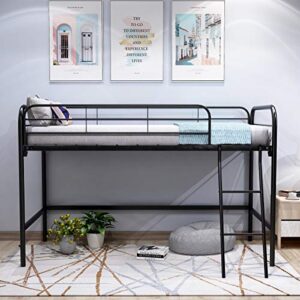 JURMERRY Metal Loft Twin Bed with Sturdy Steel Frame, High Sleeper Multipurpose Use Full-Length Guardrails & One Integrated Ladders Space- with Strong Board Slats,Black