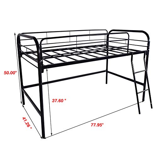 JURMERRY Metal Loft Twin Bed with Sturdy Steel Frame, High Sleeper Multipurpose Use Full-Length Guardrails & One Integrated Ladders Space- with Strong Board Slats,Black