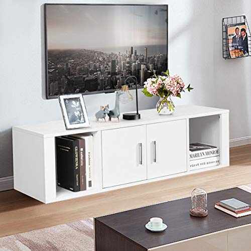 Giantex Wall Mounted Storage Cabinet 2 Cube Floating Media Hanging Desk W/2 Doors and 2 Open Shelves, Home Office Furniture for Kitchen, Bathroom, Living Room Floating Console Hutch (White)