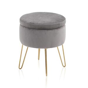 alpha home round storage ottoman with removable lid tufted vanity dressing chair velvet fabric shoe change footrest stool side table seat tray top coffee table with golden chromed metal legs,grey