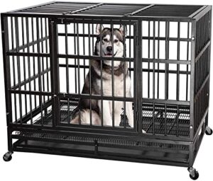 itori 48 inch xxl heavy duty indestructible dog crate, dog cage kennel crate and playpen for training large dog indoor outdoor with double doors & locks design included lockable wheels removable tray