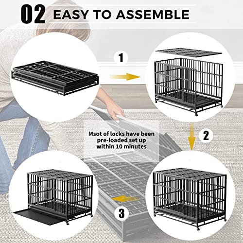 ITORI 48 inch XXL Heavy Duty Indestructible Dog Crate, Dog Cage Kennel Crate and Playpen for Training Large Dog Indoor Outdoor with Double Doors & Locks Design Included Lockable Wheels Removable Tray