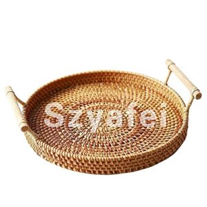hand-made round rattan tray with handle, food basket, basket, perfect for displaying bread, coffee breakfast or fruit 11x11xo.39in
