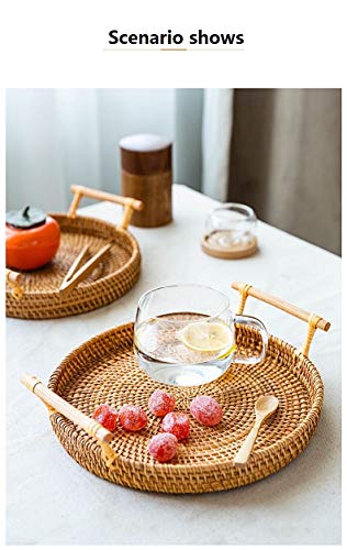 Hand-Made Round Rattan Tray with Handle, Food Basket, Basket, Perfect for displaying Bread, Coffee Breakfast or Fruit 11x11xo.39in